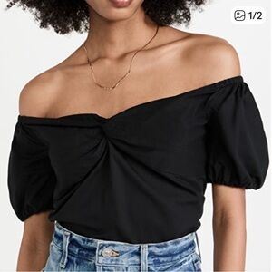 L'AGENCE Black Off-Shoulder Puffy Sleeve Cotton Blend Top